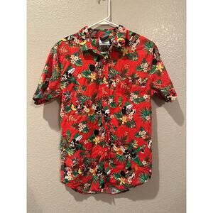 NWOT Disney Mickey Minnie Mouse Hula Surf Red Hawaiian Button Down Shirt S